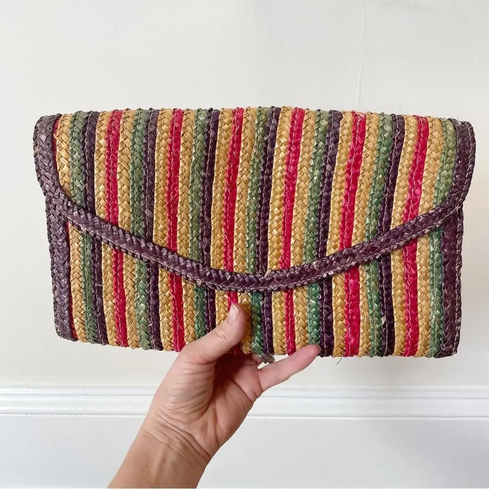 Vintage 80s Rainbow Striped Raffia Straw Envelope Clutch